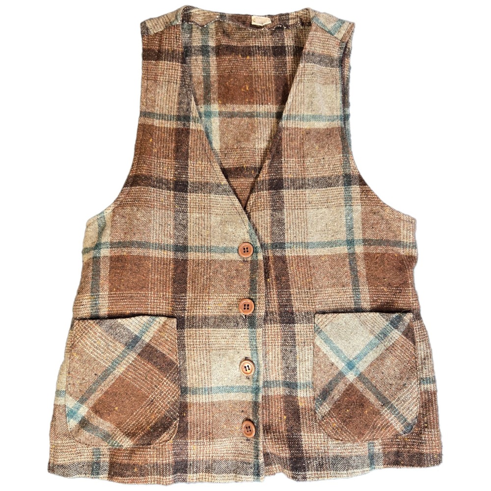 Vintage Brown Plaid Wool Blend Vest Adjustable Back Cinch Button Front 70's